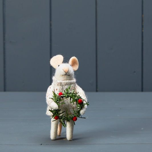 Standing Wool Mouse With Wreath